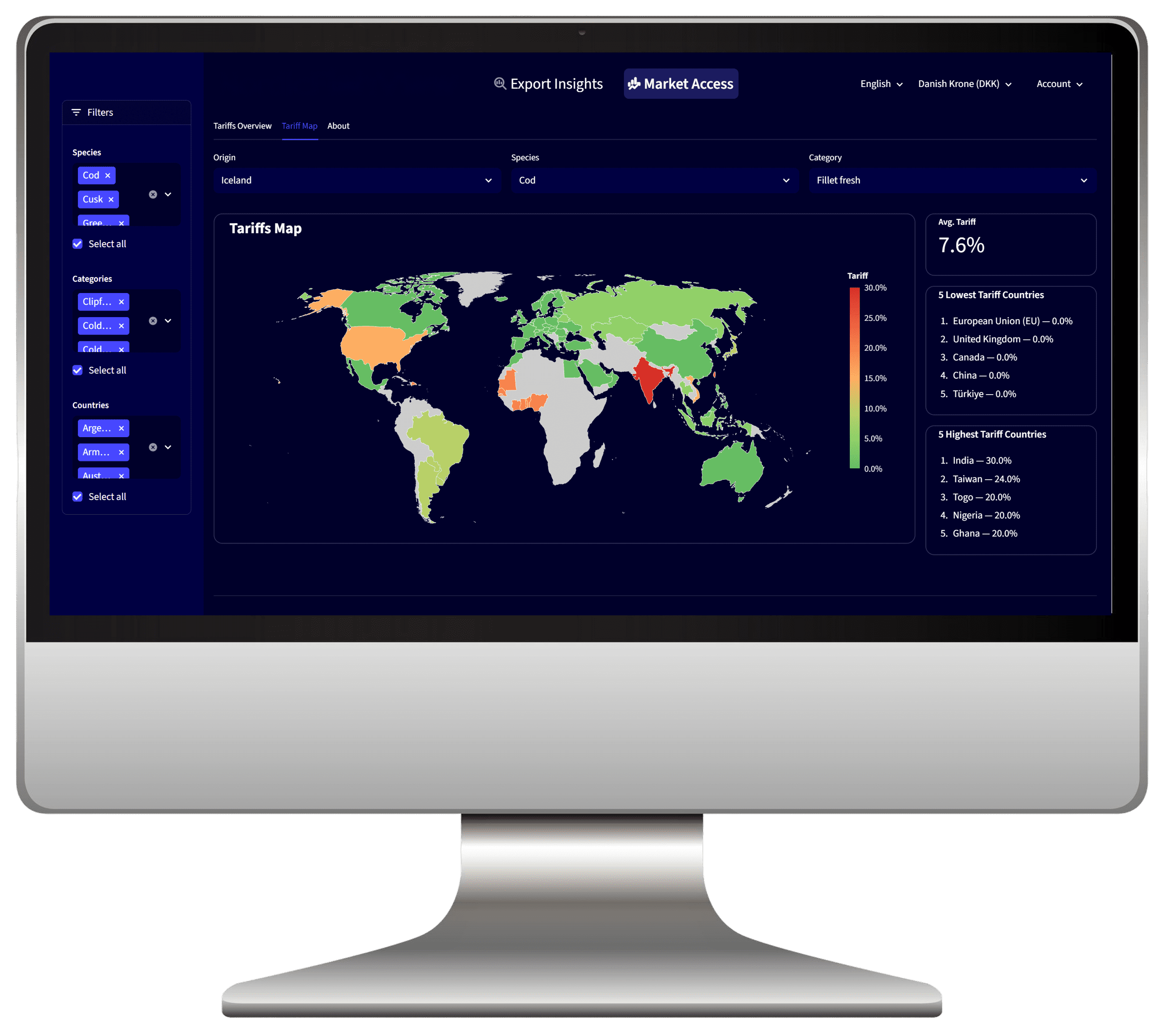 GlobalFishView tariff map screen